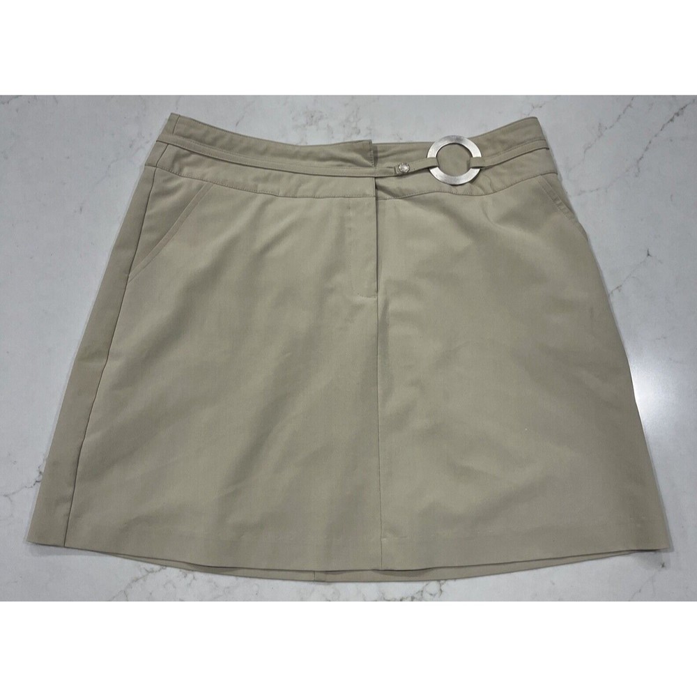 ISISPORT Sz 12 Poly Rayon Stretch Athletic‎ Skort Khaki Silver Ring Zip Golf